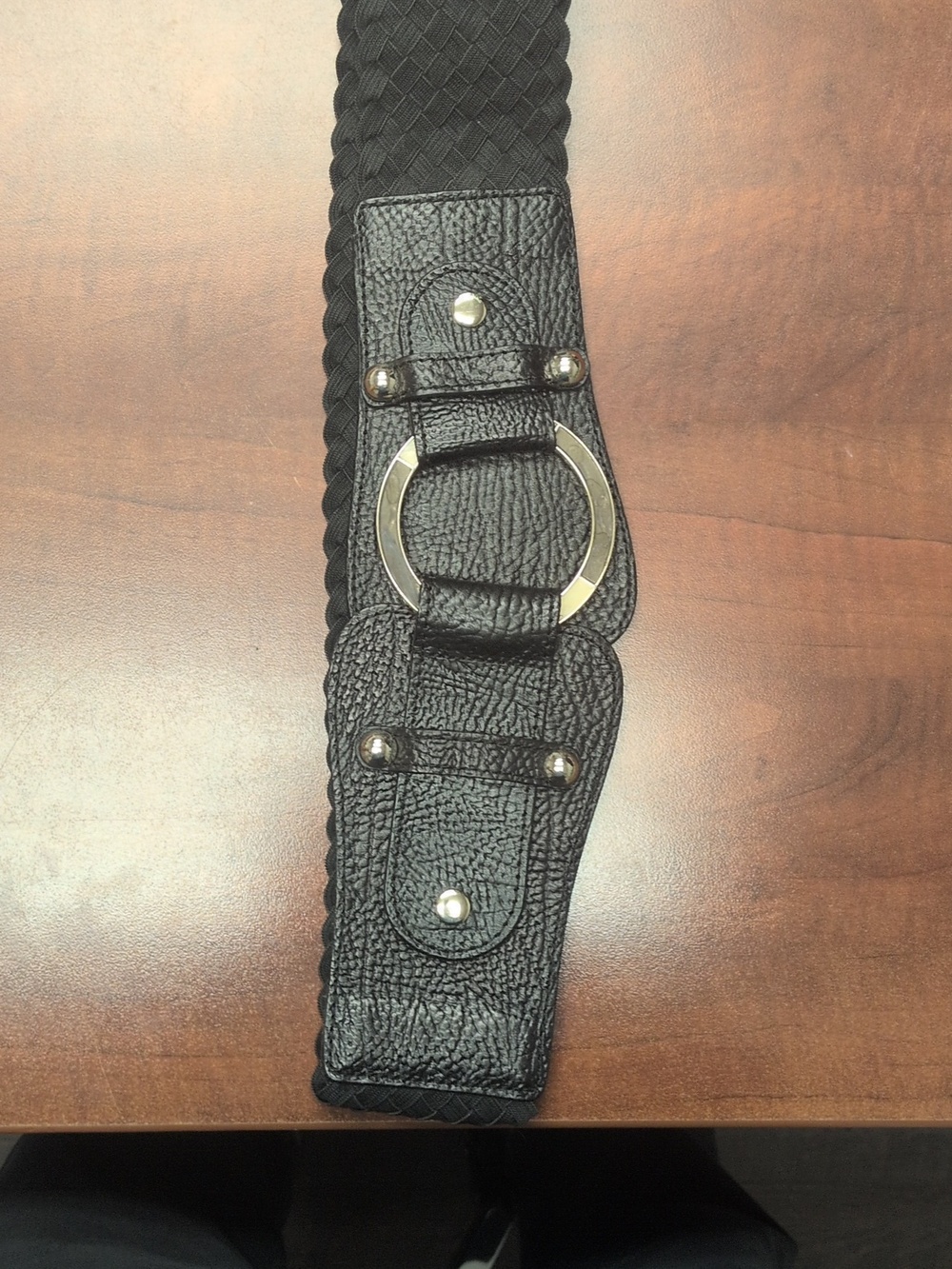 Chico's Black Braided‎ Leather Stretch Belt with Ring Medium 28-32